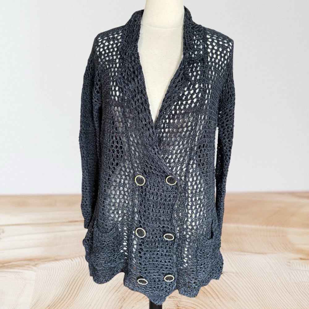 Free People Chunky Crochet Linen Cardigan Sweater Sz S Gray 23" Bust Oversized